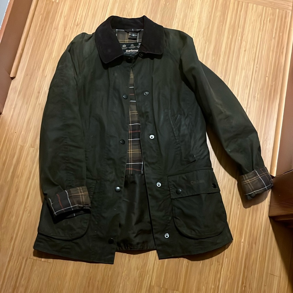 Barbour size O waxed barn / field jacket in deep olive green with tartan lining